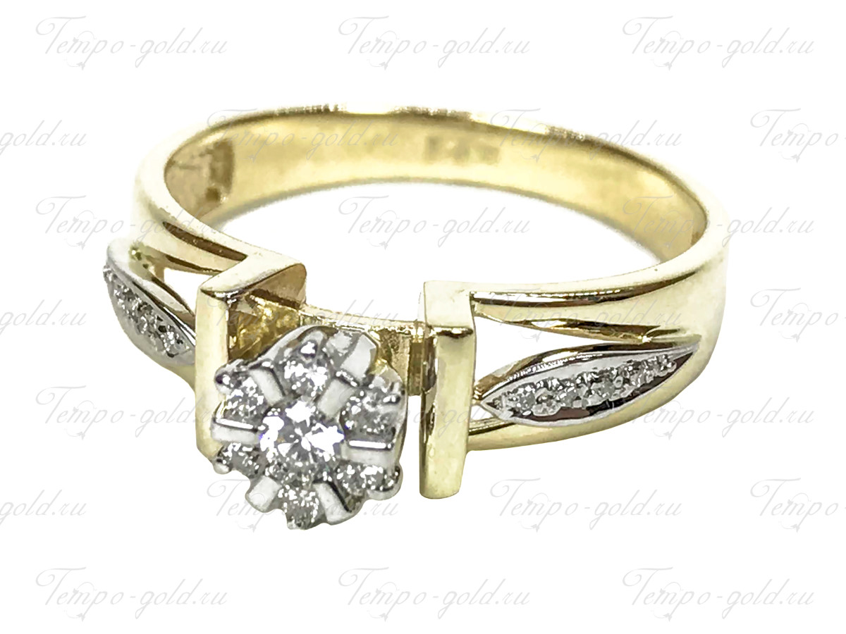 Кольцо из желтого золота Кубачи с бриллиантами